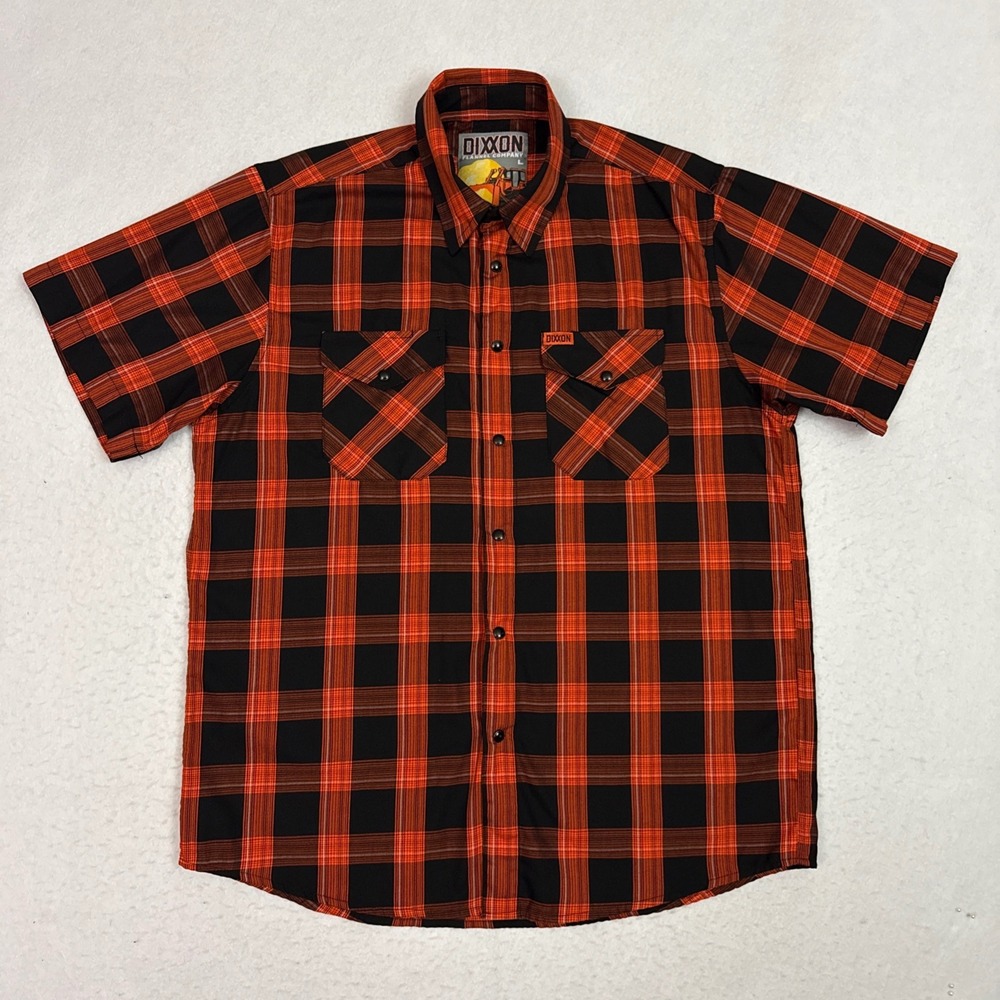 Dixxon The Dozer Mens Large Short Sleeve Orange Black Plaid Bamboo Blend Shirt